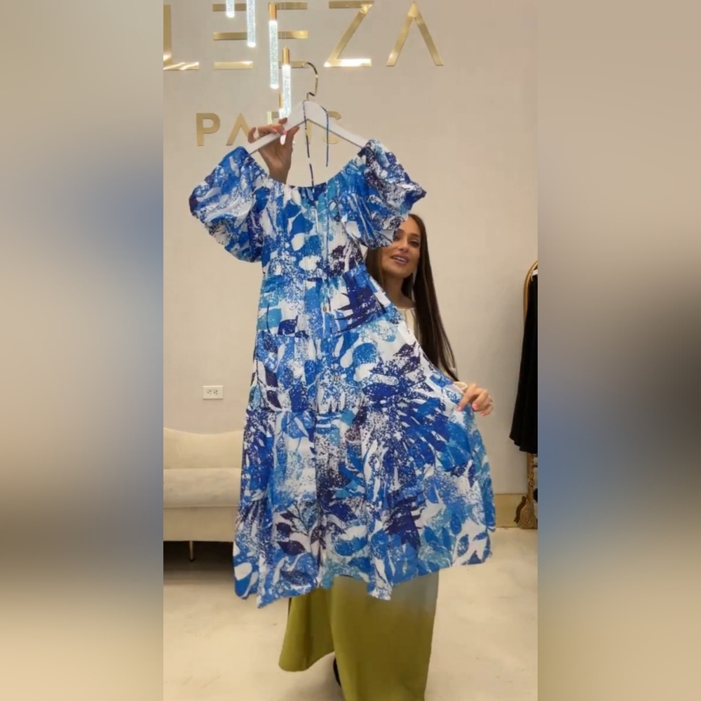 Blue and White Abstract Print Women's Dress Aleeza Paris